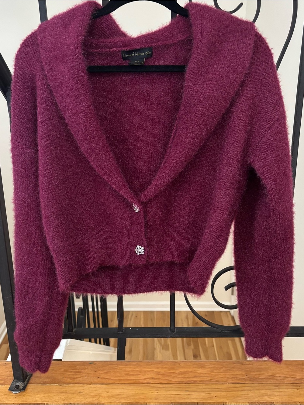 House of Harlow 1960 Cropped Plush Shawl Collar Cardigan in Berry